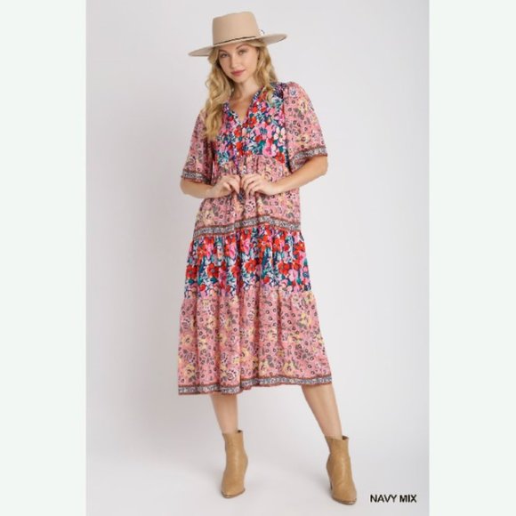 Bohemian Floral Print Maxi Dress - Sizes S/M/L - Navy Multicolor - Picture 2 of 7